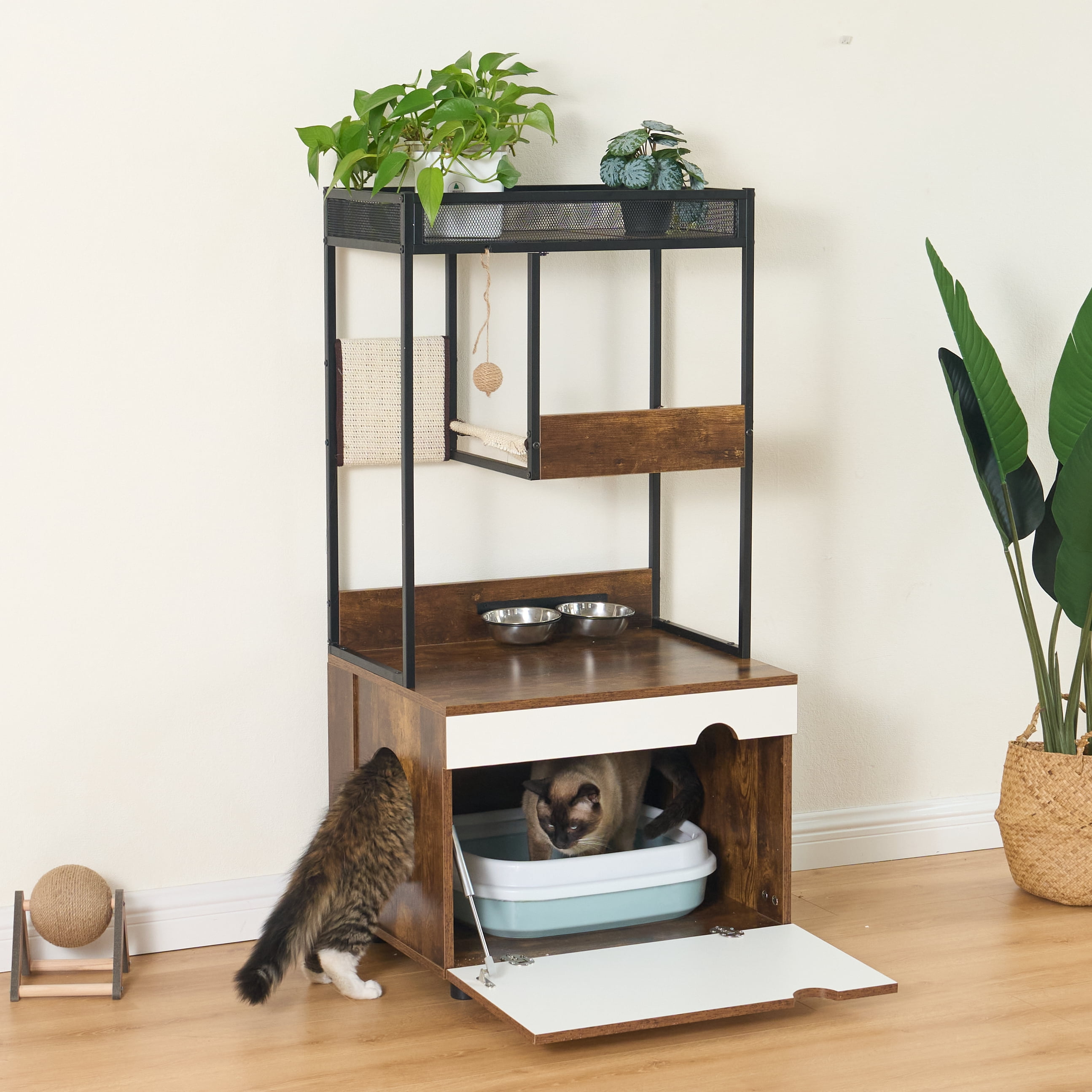 DUOSONG Cat Litter Box Enclosures With Cat Tree Tower, Cat Furniture ,Cat Cabinet White+Vintage Particle Board Pet Supplies Trees & Condos