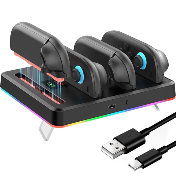 Controller Charger Dock Compatible with Nintendo Switch 2, Charging Station for Joy-Pads with Multiple RGB Light Modes, Sound Alerts, LED Indicators, Built-in Kickstand (Black)