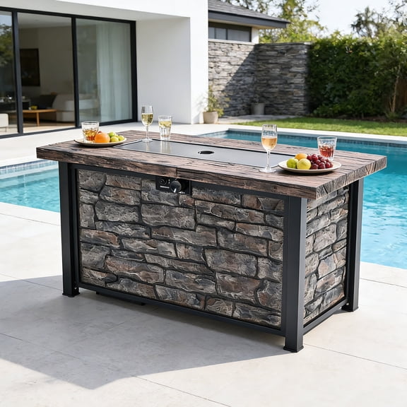 48" 50000 BTU Propane Fire Pit Table, Outdoor Gas Fire Pit with Fiberglass Wooden Tabletop, Aluminum-Coated Steel Legs, Lava Rocks, Metal Lid & Rain Cover - Ideal for Patio