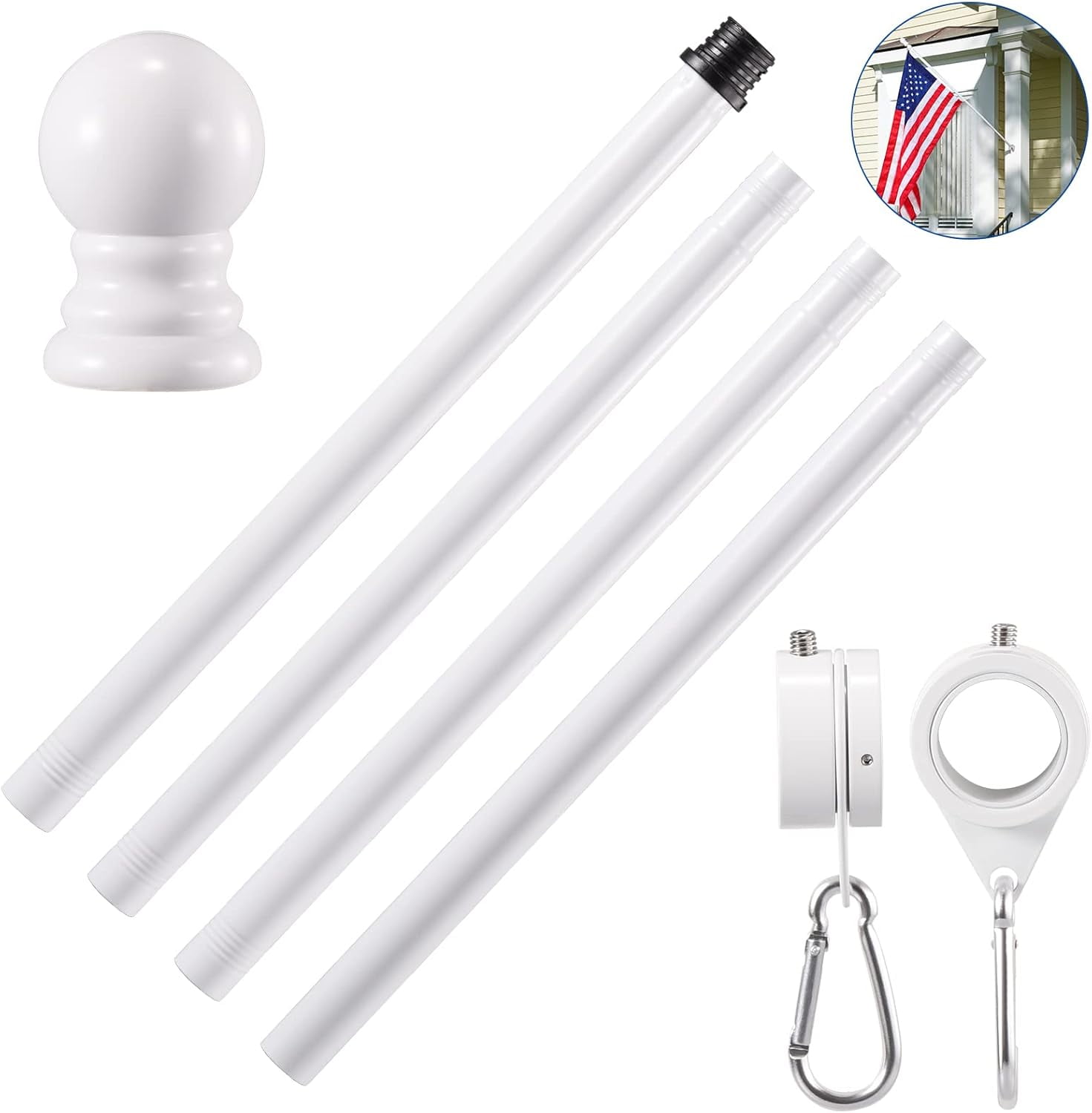 White Flag Pole Kit for House, 5 FT Thickened Stainless Steel Outside Wall Mount Flagpole 3x5' American with 1" Tangle Free 360° Rotating Rings Hardware Porch Residential