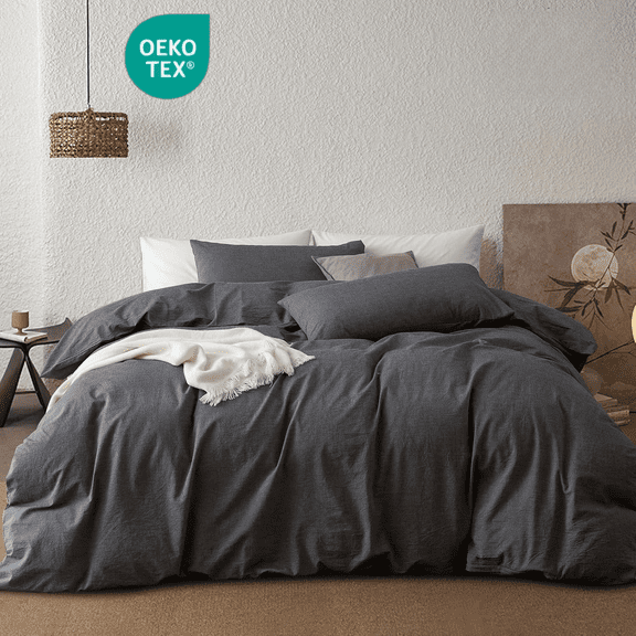JOLUSERE 100% Organic Yarn-Dyed Cotton Duvet Cover Queen Set, 3 Pieces Cotton Bedding Duvet Cover,Ultra Soft & Fade Resistant,Gentle Black
