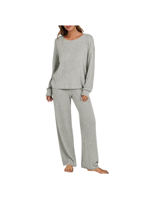 2 Piece Outfits for Women Long Sleeve Knit Sweater Top and Wide Leg Pants Ribbed Lounge Matching Set Fall Winter Z Silver L