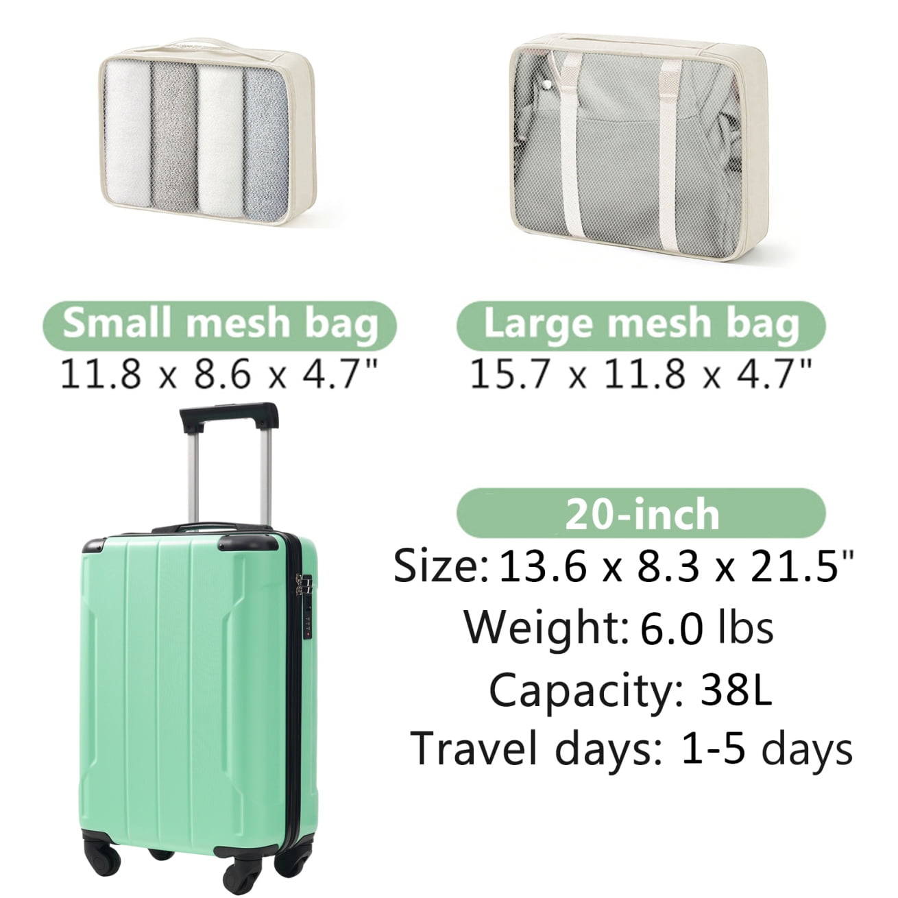 20'' Hardshell Carry On Luggage with 360 °Quiet Spinner Wheels,Lightweight Durable ABS Suitcase with Built in TSA Lock,3 Level Adjustable Handle and 2 Packing Cubes,for Business,Travel,Creamy Green