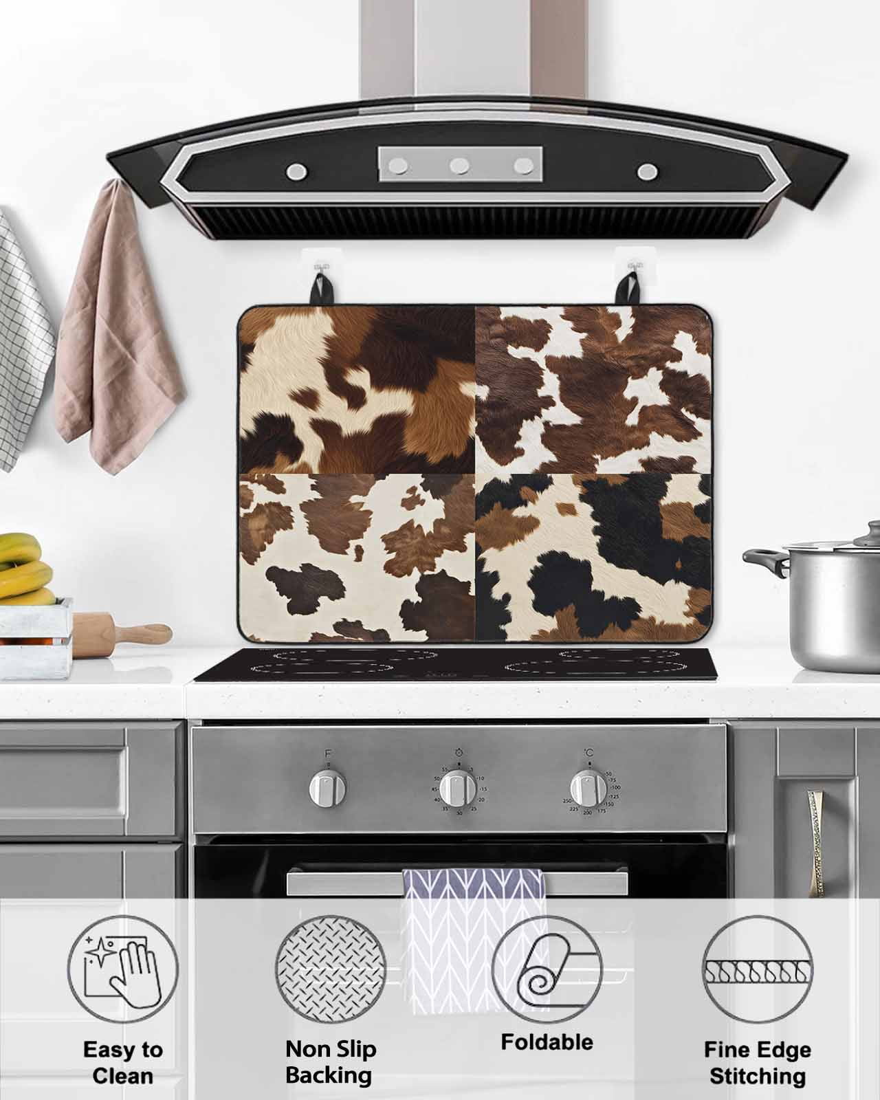 nqOlkjepod Large Induction Cooktop Protector Mat 36"x21", Cow Patterned Stove Top Covers for Electric Stove, Vintage Farmhouse Abstract Country Western Stove Burner Cover Mats, Glass Top Stove Cover