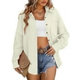 thumbnail image 2 of adviicd Womens Shirt Long Sleeve Oversized Button Up V Neck Loose Blouses Tops Beige, S, 2 of 5