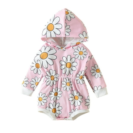 

Ma&Baby Infant Baby Fall Winter Hooded Romper Long Sleeve Elastic Waist Cute Daisy Print Bodysuit
