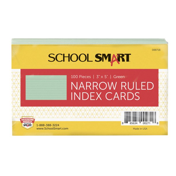 School Smart Ruled Index Cards, 3 x 5 Inches, Green, Pack of 100