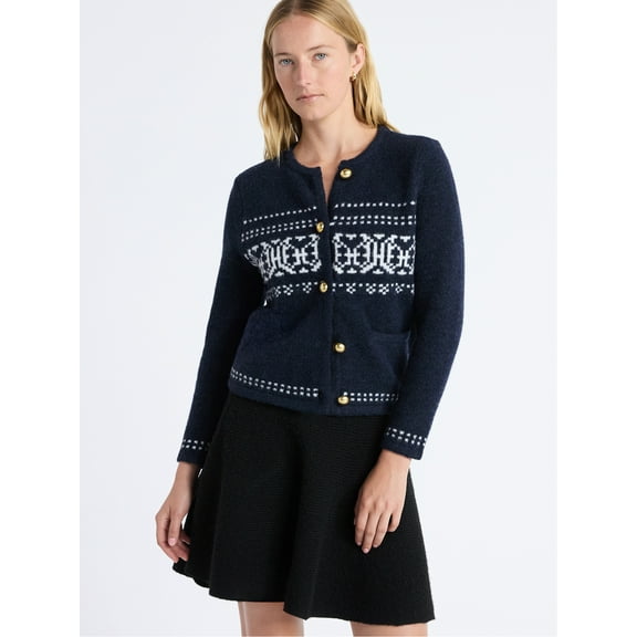 Free Assembly Women's and Women's Plus Fair Isle Cardigan with Welt Pockets, Midweight, Sizes XS-4X