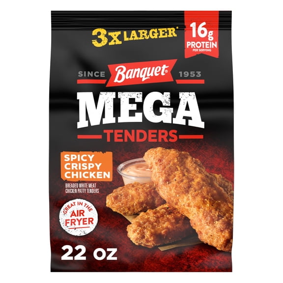 Banquet Mega Chicken Tenders, Spicy Crispy Breaded White Meat Chicken, Fully Cooked Frozen Chicken, Air Fryer Ready, 16g Protein per Serving, 22 oz