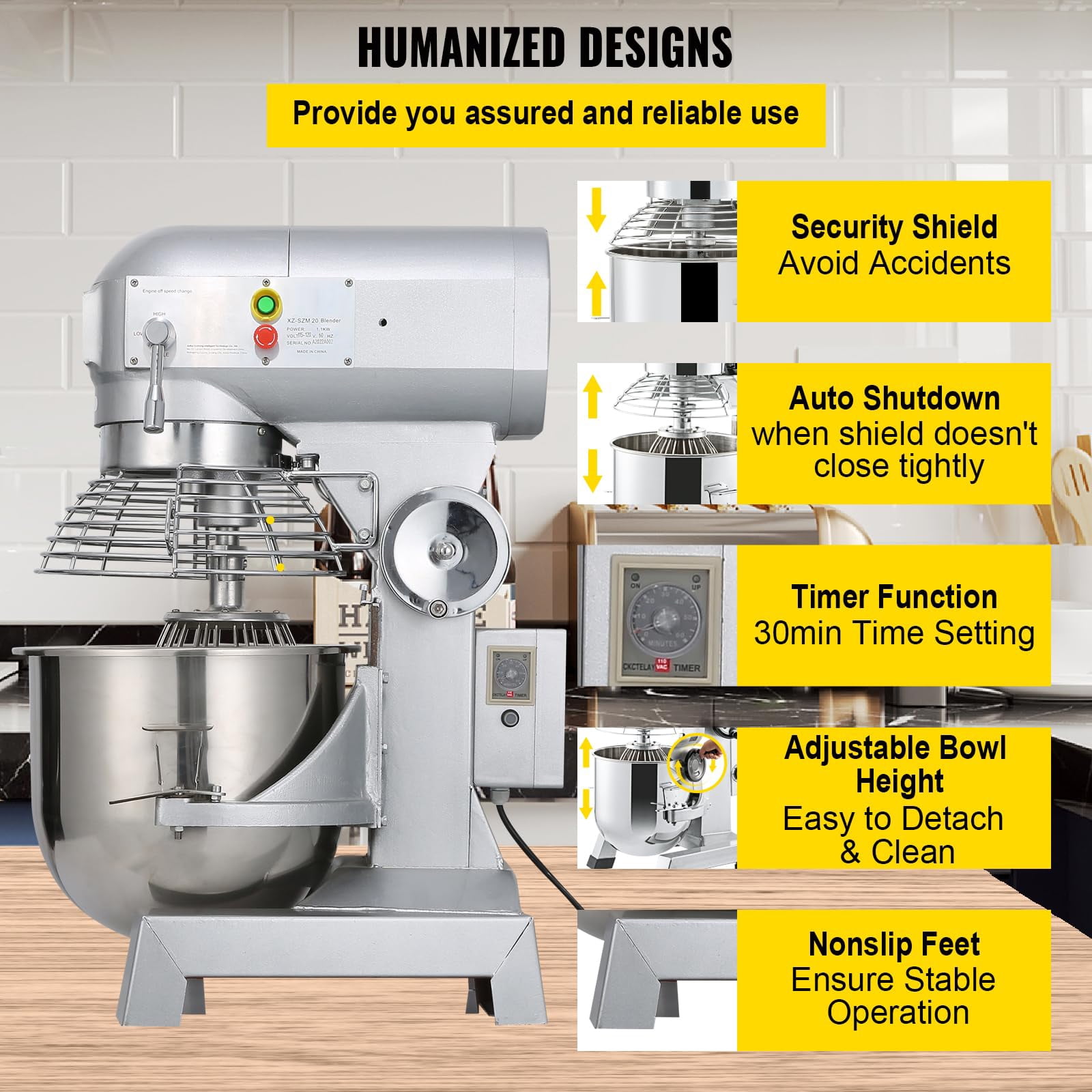 KFFKFF Industrial Kitchen Mixer 15Qt 600W, 3 Variable Speeds 110/178/390 RPM, Robust 110V, Comes with Stainless Steel Bowl, Dough Hooks, Whisk, Beater for Educational Institutions, Bakeries