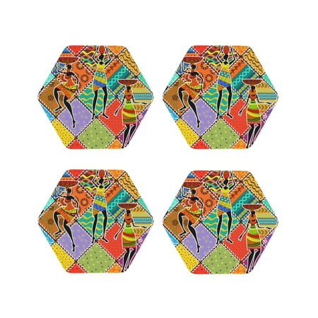 

Junzan Dancing African Womans Print Coasters for Drinks - Leather Coasters Set of 4 for Coffee Table for Housewarming/Kitchen/Bar/Decor-Hexagon