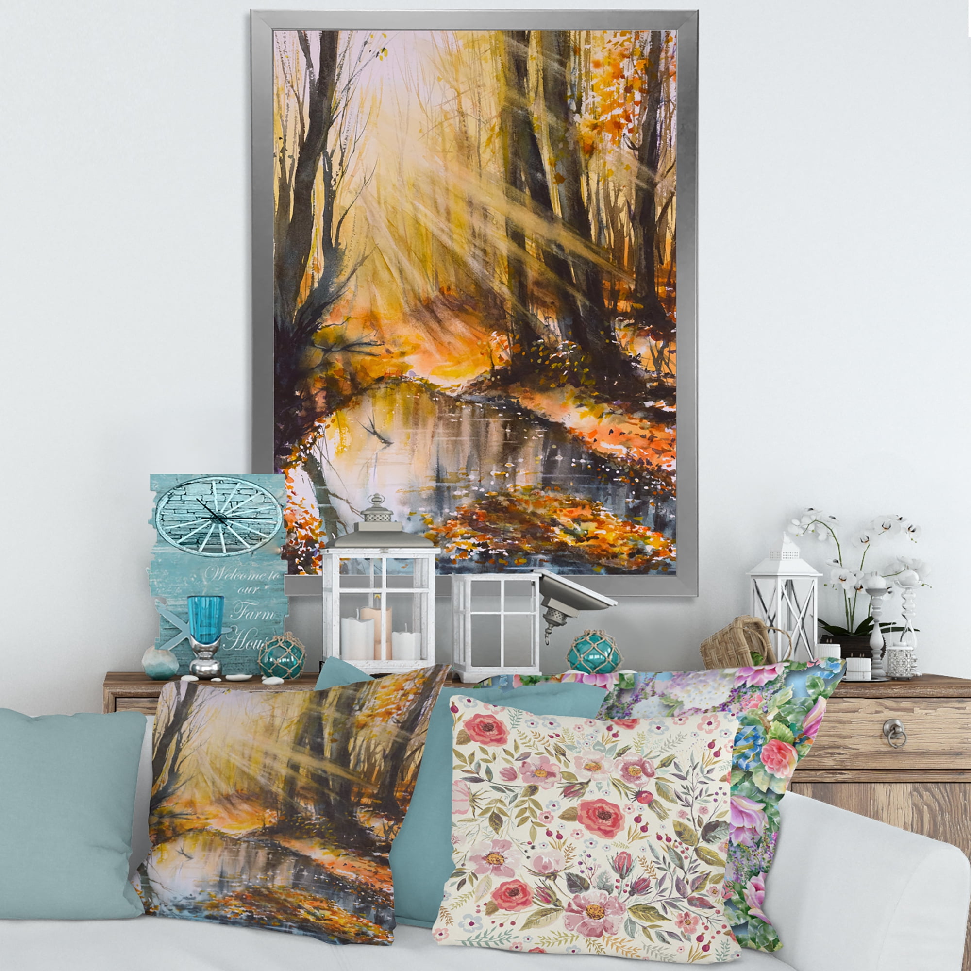 Designart 'Bright Sunshine Through The Brown Forest Trees' Lake House Framed Art Print