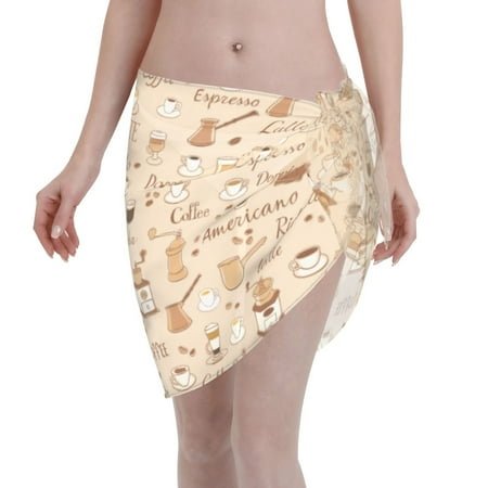 Qekee Coffee Time Women s Short Sarongs Cover Ups Sheer Bikini Wraps for Swimwear