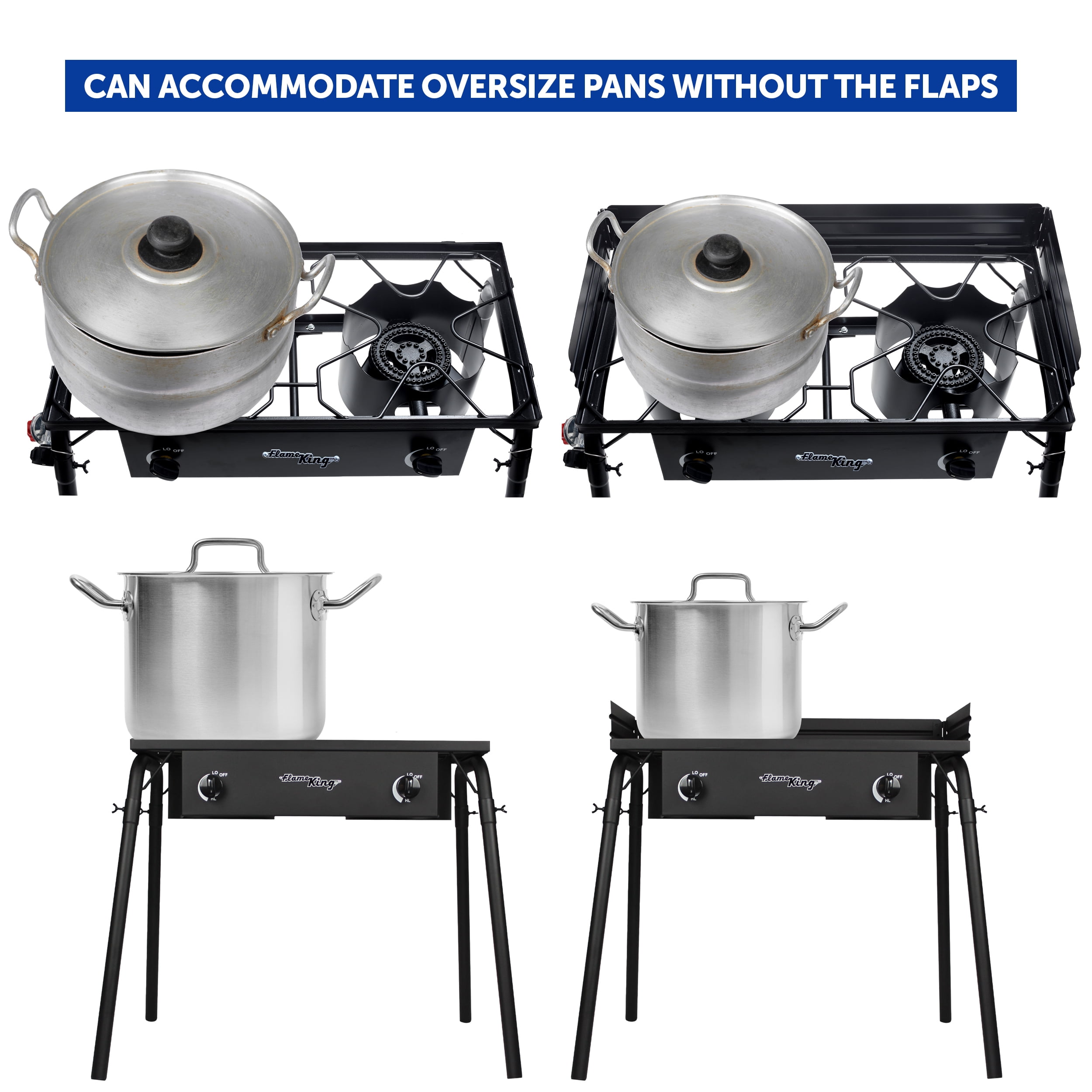 Flame King Standup 2 Burner Camp Stove, Propane Camping Stove, 200K BTU, Black, 31” x 16” x 35”