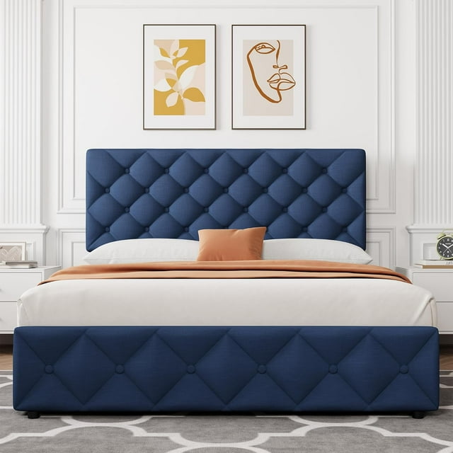 GARVEE Cadre de Lit Format Grand, avec 4 Tiroirs de Rangement et Tête de Lit Ajustable, Bleu