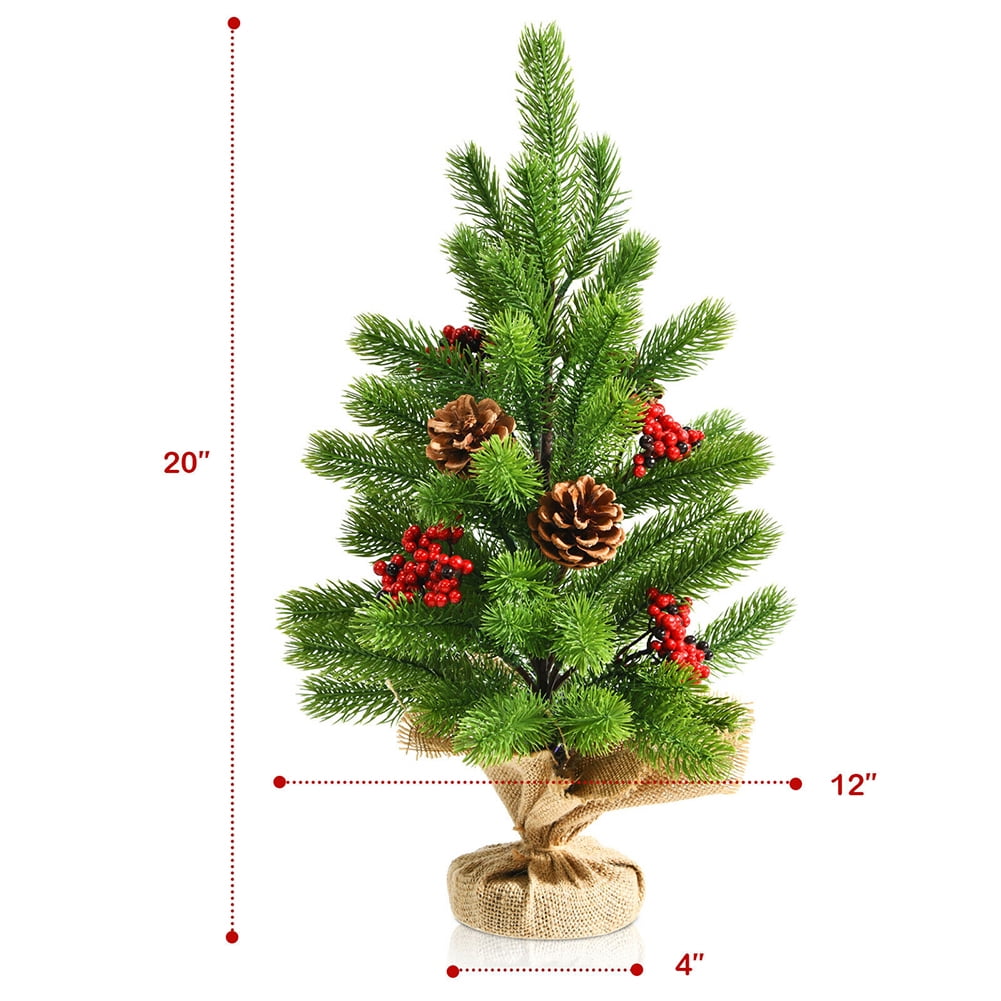 Kepooman 20" Small PE Table Top Christmas Tree with Pine Cones & Red Berries for Home Decor, Green