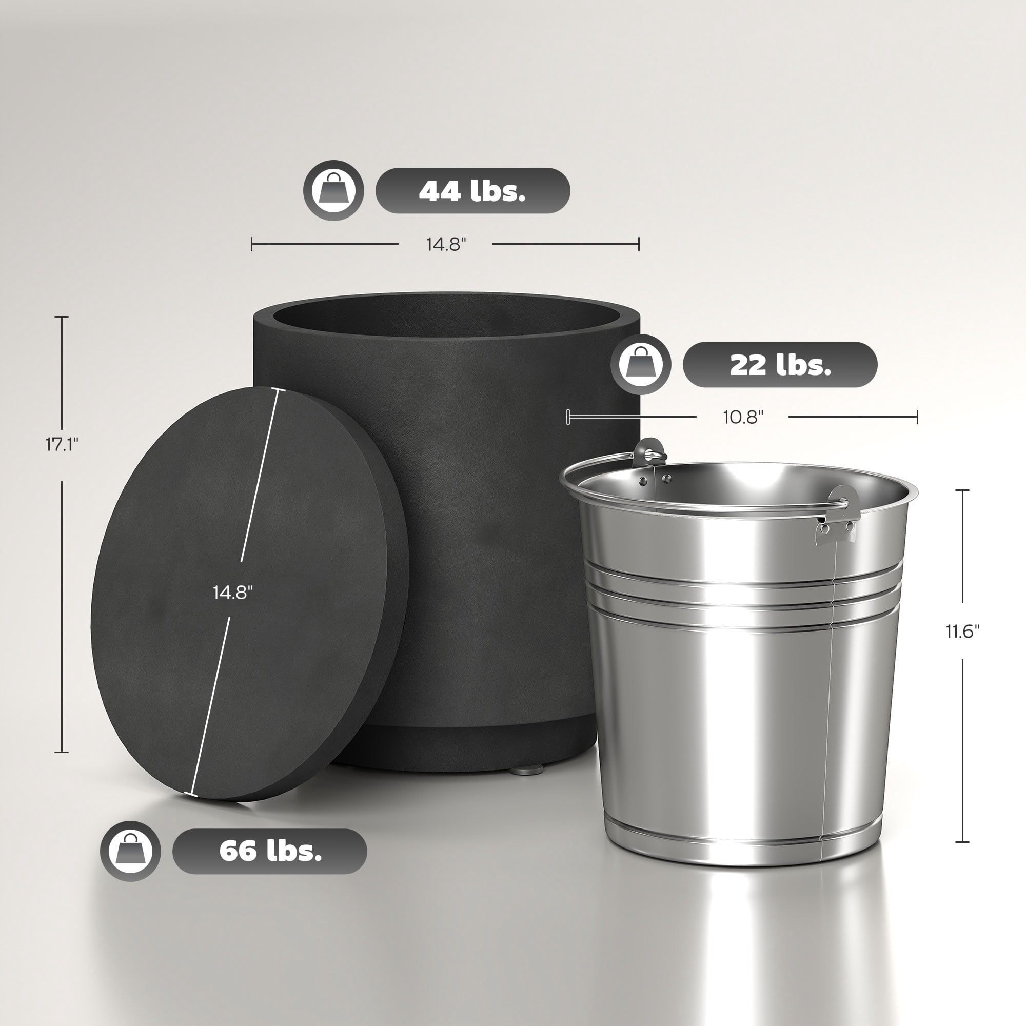 2.6 Gal Outdoor Cooler Side Table, 3 in 1 Cool Bar Table with Storage, Removable Ice Bucket and Lid, Concrete Patio Table, Charcoal Gray