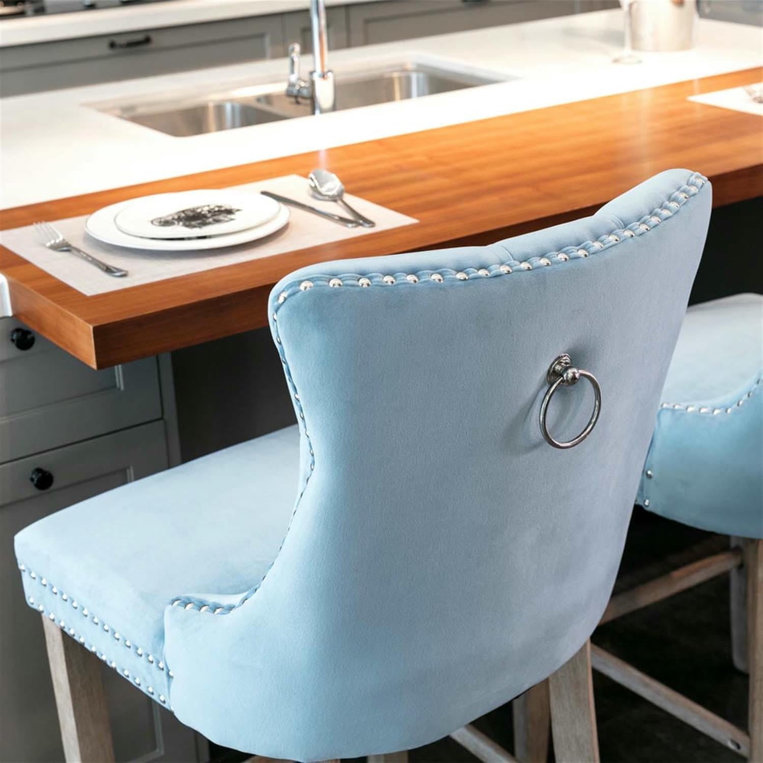 Demi Bonn 40" Counter Height Bar Stools Set of 2, Velvet Upholstered Barstools with Back, Kitchen Island Countertop Chairs for Dining Room, Light Blue