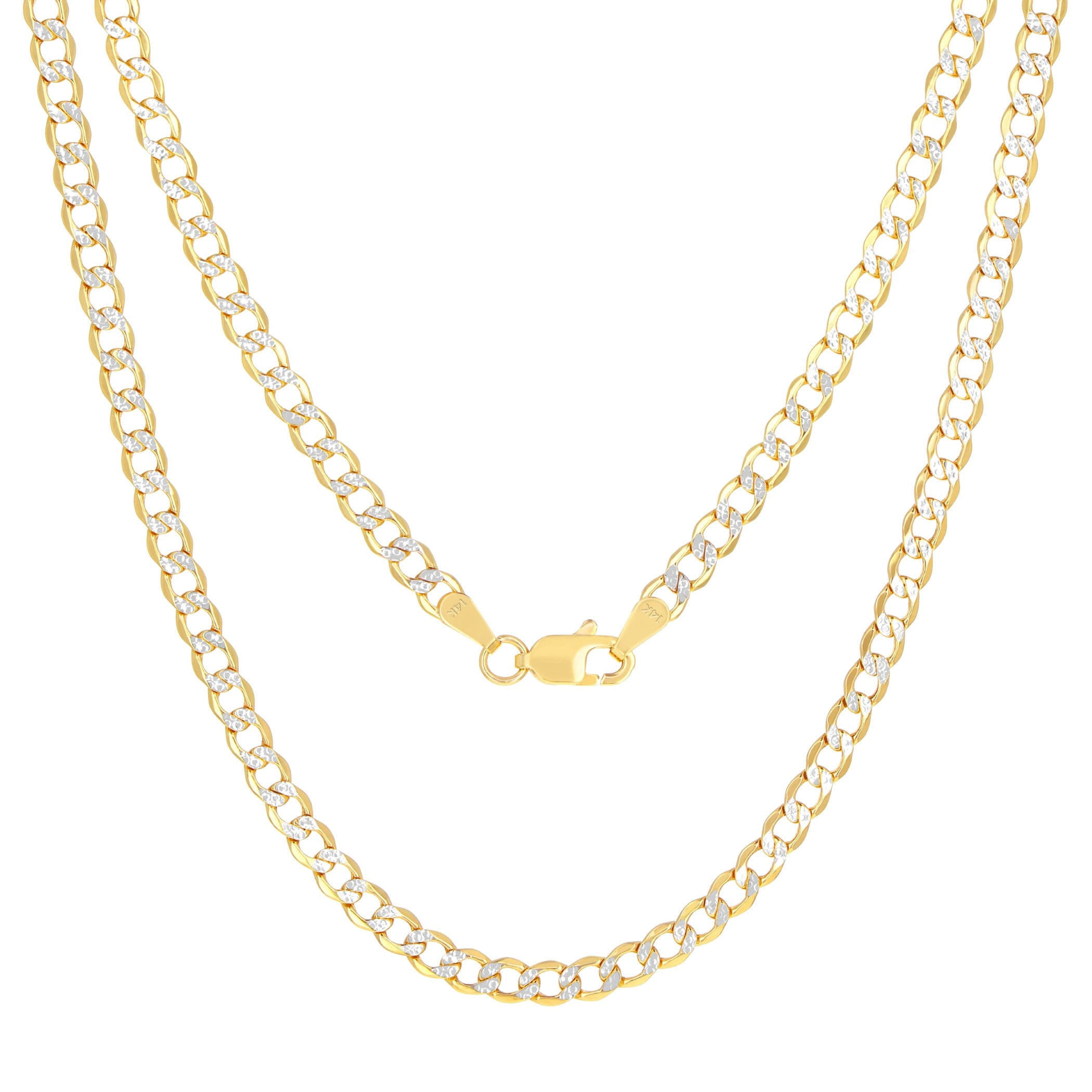 Nuragold 14k Real Yellow Gold Cuban Curb Link 3.5mm Diamond Cut Pave Chain Necklace (16"-26") Two Tone Italian Jewelry for Men & Women