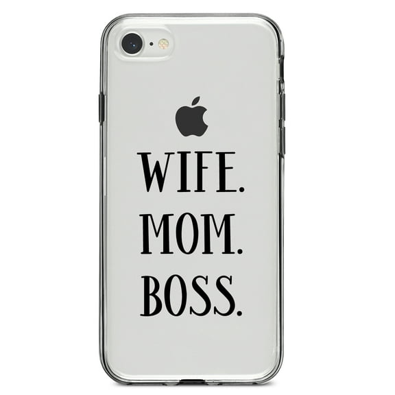 DistinctInk Clear Shockproof Hybrid Case for iPhone 7 8 SE (2020 Model) 4.7" Screen TPU Bumper Acrylic Back Tempered Glass Screen Protector - Wife. Mom. Boss. (Serif)