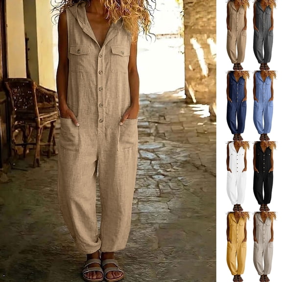 VBVC Women's Cotton Sleeveless Hooded Jumpsuit , Casual Loose Overalls For Women,Ladies' Button Down Romper with Pockets,Beige,S-3XL