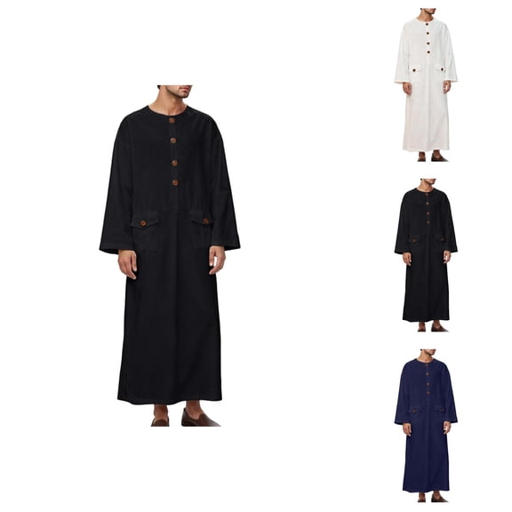 Thobe for Men Long Sleeve Loose Fit Crewneck Mens Kaftan Thobe with Pockets Kaftan Dresses Dubai Clothes
