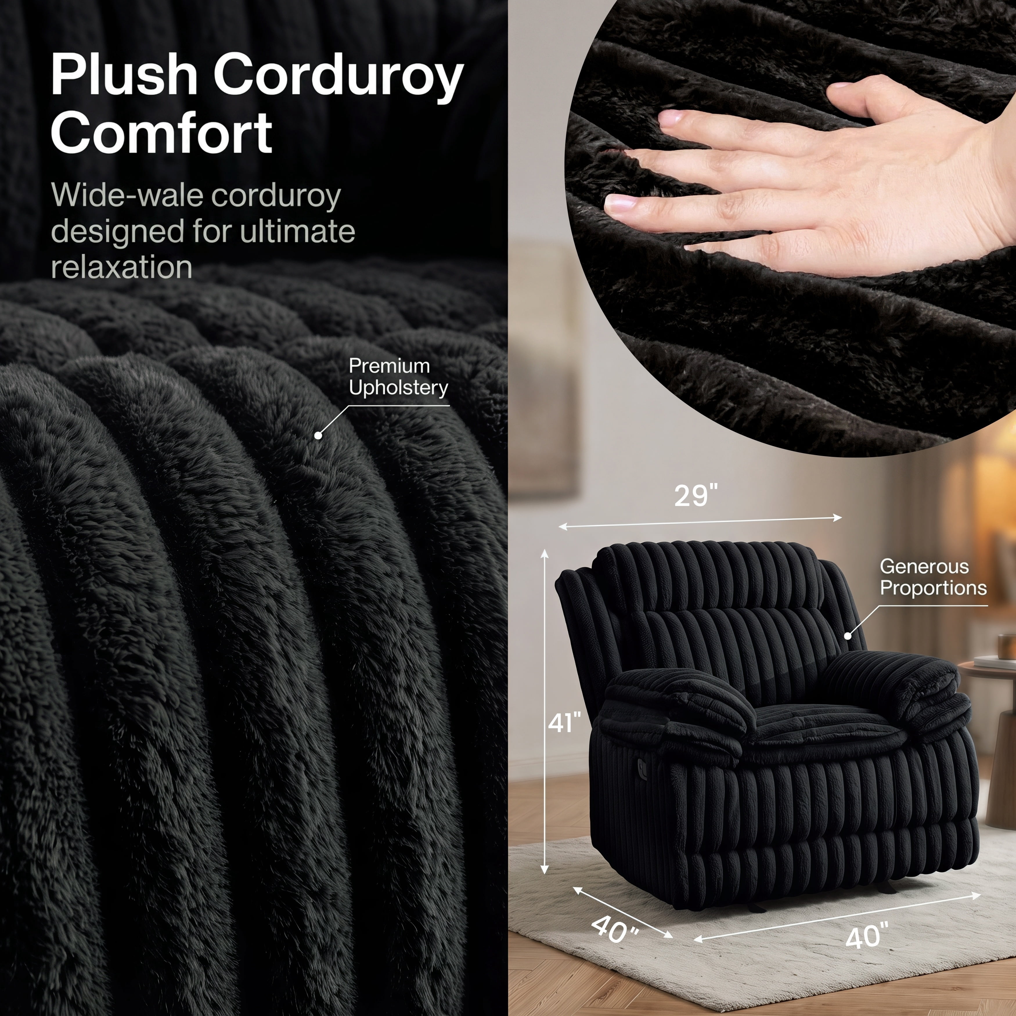 Roundhill Furniture Ardello Manual Rocker Recliner with Wide-Wale Corduroy Upholstery, Black