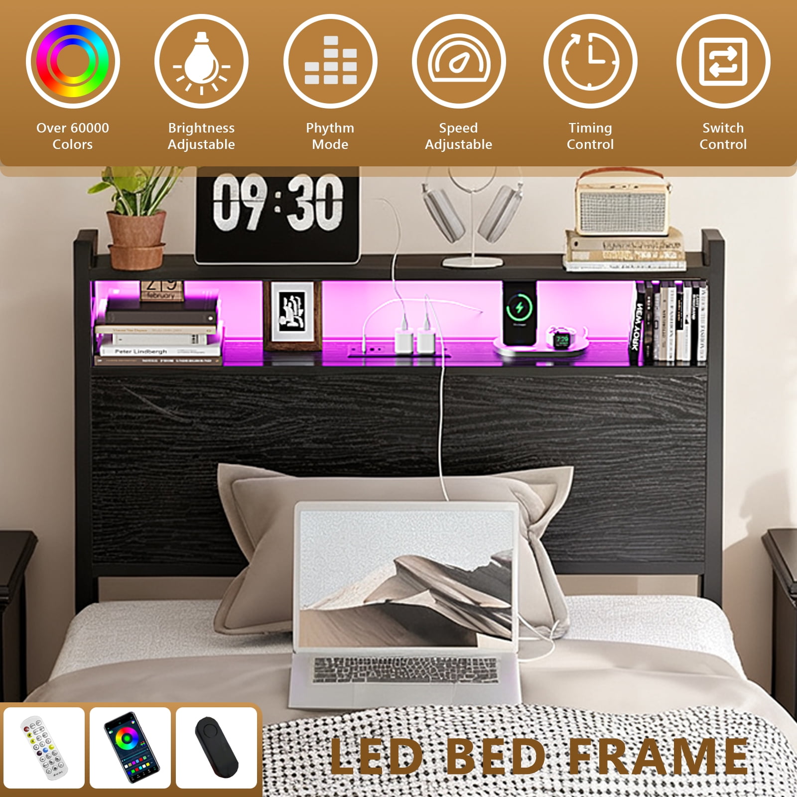 Ktaxon Twin Size Bed Frame with Charging Station & LED Storage Headboard, Metal Platform Bed Frame with 4 Underbed Drawers for bedroom, Gray