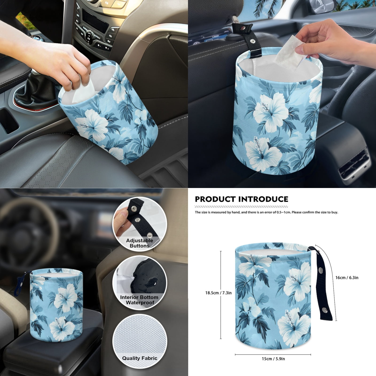 Jeiento Blue Hibiscus Flowers Car Seat Cover with Steering Wheel Cover Seat Belt Strap Pad Handbrake Gear Shift Knob Cover Rubbish Bin Armrest Cover Auto Rearview Mirror Cover Coasters 14 PCS