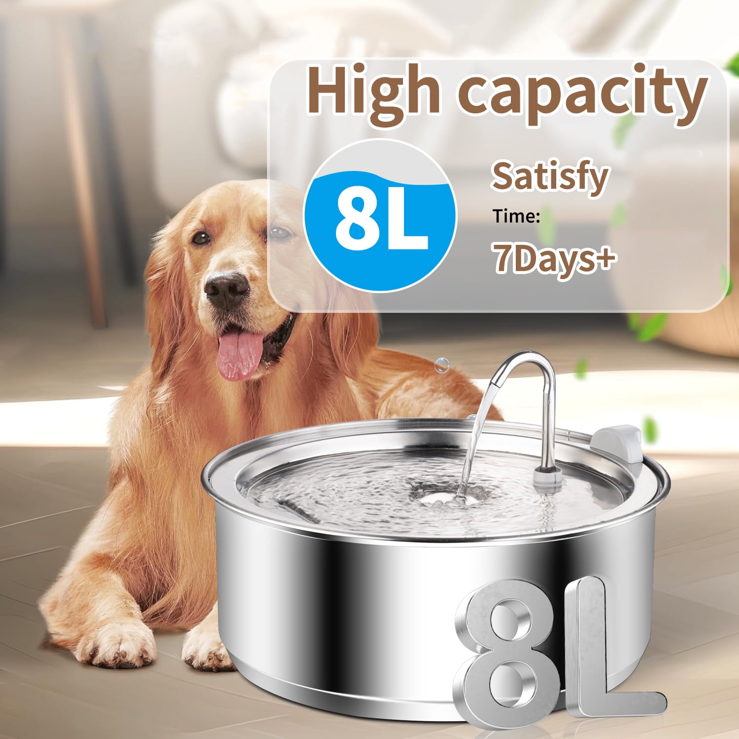 Petavista Stainless Steel Dog Water Fountain,8L/135oz Cat Water Bowl Dispenser for Large Dogs Cats