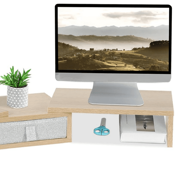 3 Shelf Monitor Stand Riser with Drawer-Length and Angle Adjustable Dual Monitor Riser with Storage Corner Desk Shelf Organizer Large Computer Stand for 2 Monitors/Laptop (Maple, 1 Drawer)