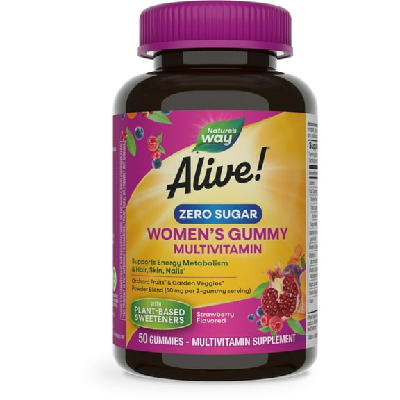 Nature’s Way Alive! Women’s Gummy Multivitamin, Zero Sugar, Strawberry Flavored, 50 Count