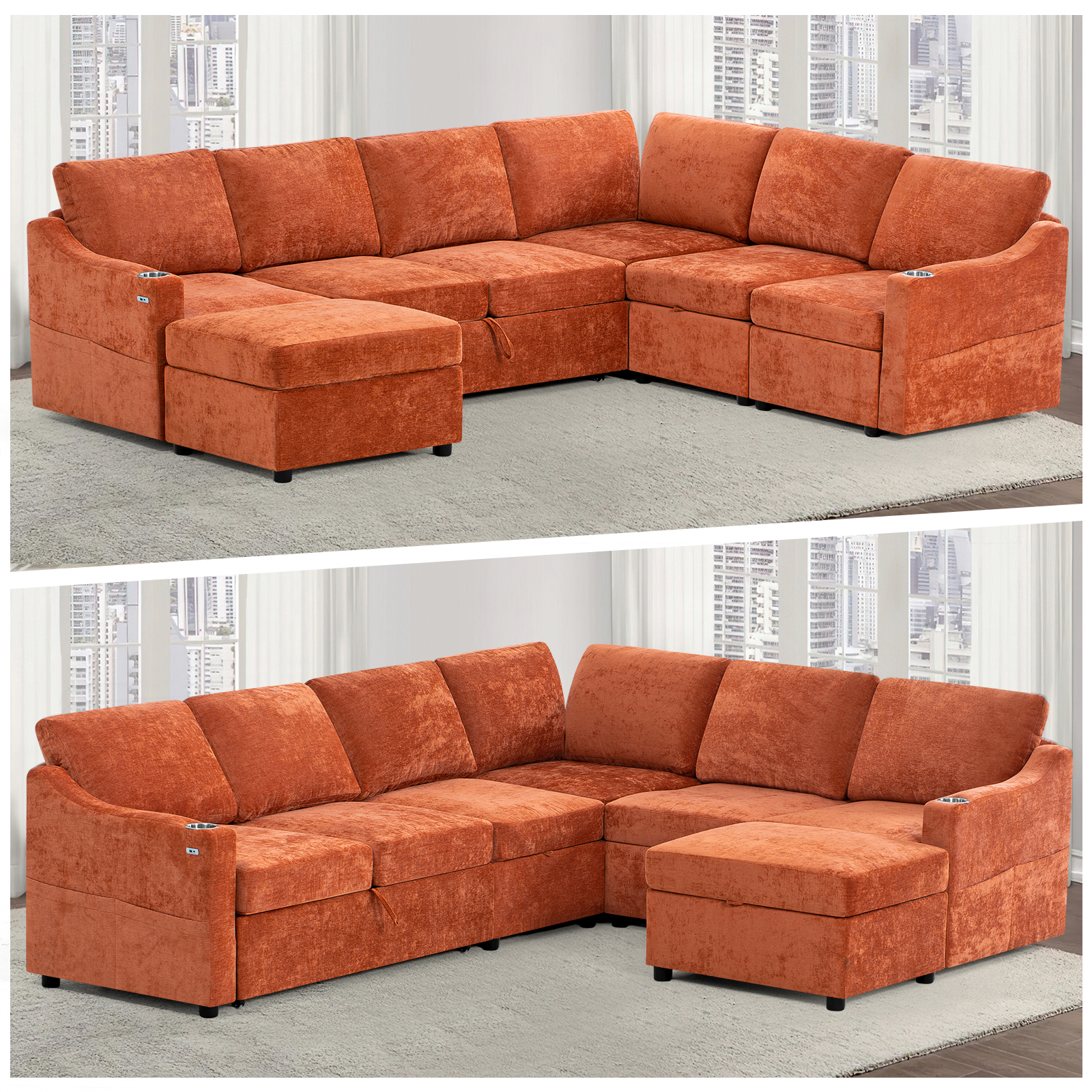 ACMEASE 116 Inches Chenille Sectional Couch w/Adjustable Backrests & Ottoman, Convertible U Shape Sleeper Sofa w/USB Ports, Modular Corner Sofa w/Pull-Out Bed & Storage Space for Living Room, Orange