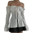 thumbnail image 2 of Faithtur Hauts Plissés pour Femmes, Manches Longues Col Carré Bandage Couleur Unie Chemise de Rue Décontractée, 2 of 9