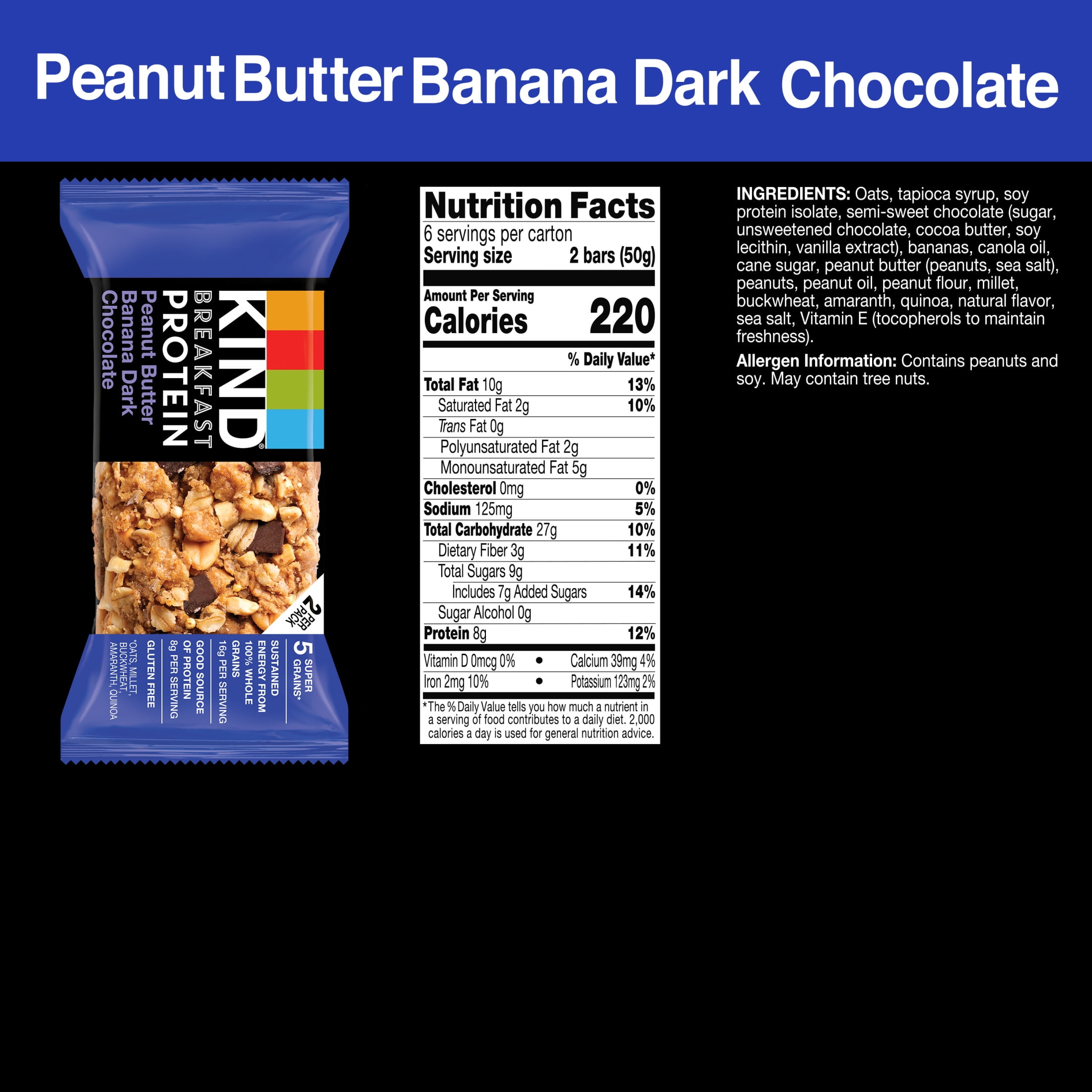 (5 pack) KIND Breakfast Peanut Butter Banana Dark Chocolate Gluten Free Protein Snack Bars, 1.76 oz, 12 Count One box