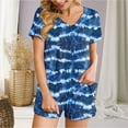 thumbnail image 5 of 2 Piece Pajamas Sets for Women Summer Tie-dye Outfits Short Sleeve Pleated V Neck Top and Shorts Set lounge Homewear (XL, Blue 05), 5 of 5