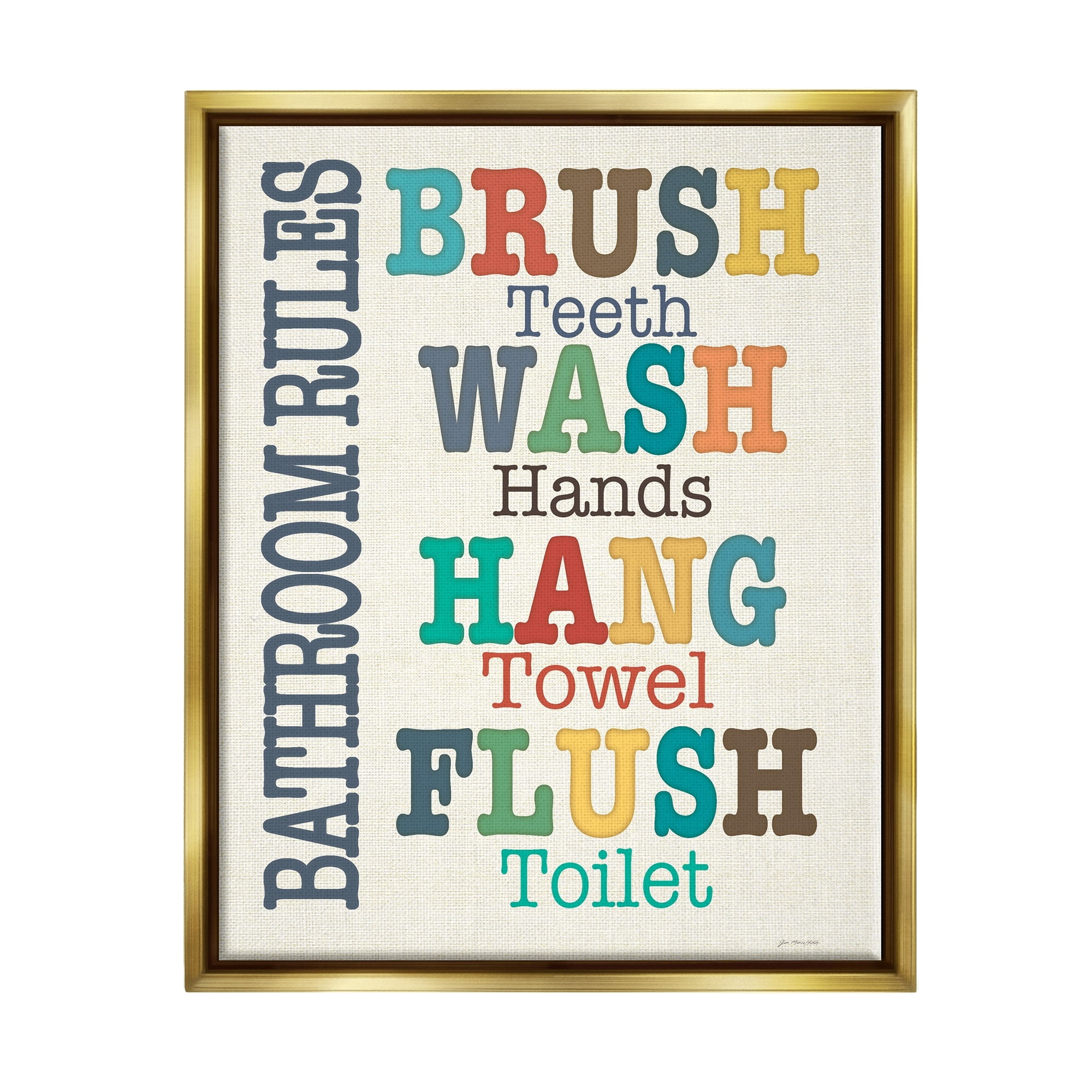Stupell Industries Colorful Bathroom Rules List Metallic Gold Framed Floating Canvas Wall Art, 24x30, by Jo Moulton