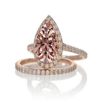 2 Carat Morganite and Diamond Halo Bridal Ring Set on 10k Rose Gold