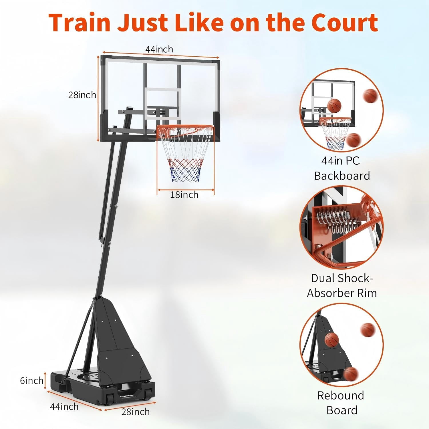 Basketball Hoop Outdoor 44 Inch Shatterproof PC Backboard, 4.92-10FT Stepless Adjustable Height, Portable Basketball Hoop with Wheels for Backyard, Driveway and Court
