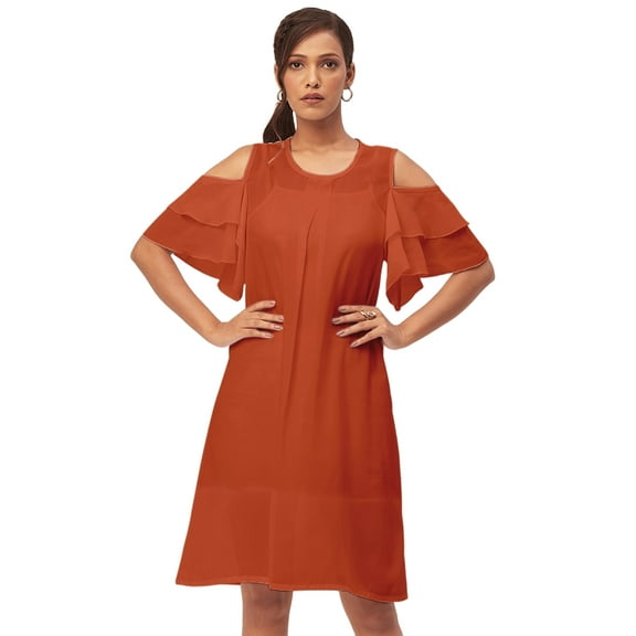 Moomaya Solid Cold Shoulder Shift Dresses For Women, Round Neck Short Dress