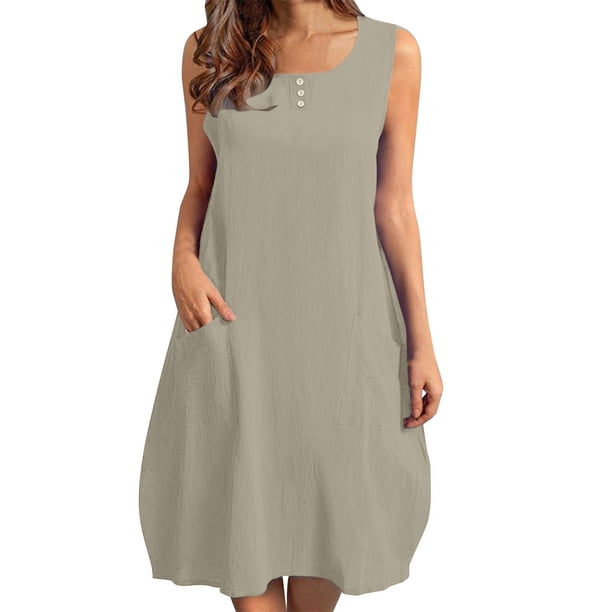 mfyjkho Vestidos para mujer, Vestido de lino y manga corta liso con escote en V holgado para mujer Vestidos de playa para mujer m
