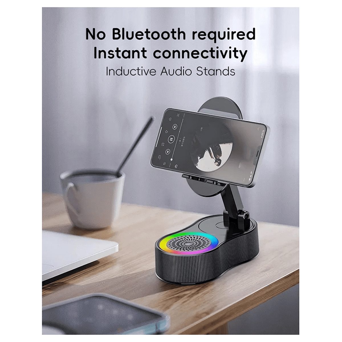 Upgraded Desk Phone Stand Adjustable Portable RGB Mount with Microphone Speaker for Counter Vanity Nightstand Travel Car,1 * Desk Phone Stand,Black