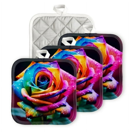 

BaHomeck Pot Holders 4pcs dacron Made Square heat-resisting mat Machine Washable for Kitchen Oven Hot Pads 6.7inch*6.7inch Rainbow Rose With Vibrant Colors And Dewdrops On Petals