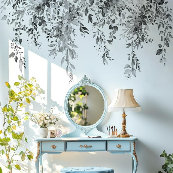 Gray Plants Leaves Wall Decals Peel and Stick, Large Floral Flowers Vinyl Wall Stickers, Removable Vine Home Decor Art for Bedroom Living Room Classroom Office