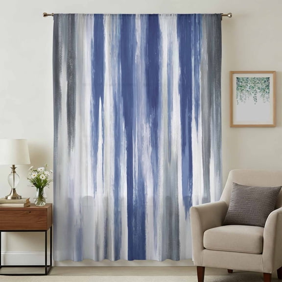 Abstract Navy Blue Sheer Curtains 96 Inches Long, Vintage Grey Street Painting Art Light Filering Curtains, Privacy Drapes Simi Floor to Veiling Curtain for Living Room Bedroom Large Window Treatment
