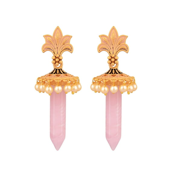 Efulgenz Indian Jewelry Engraved Leaf Faux Pearl Drop Crystal Tassel Jhumki Earrings for Women - Pink