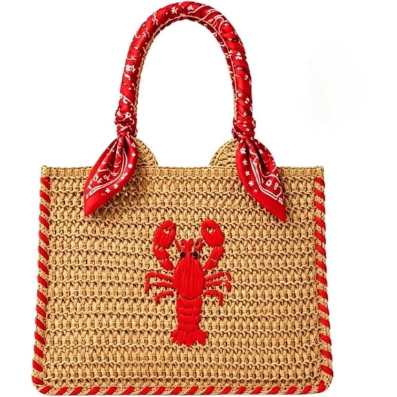 Straw Bag Lobster Embroidery, Straw Zipper Handle Handbags