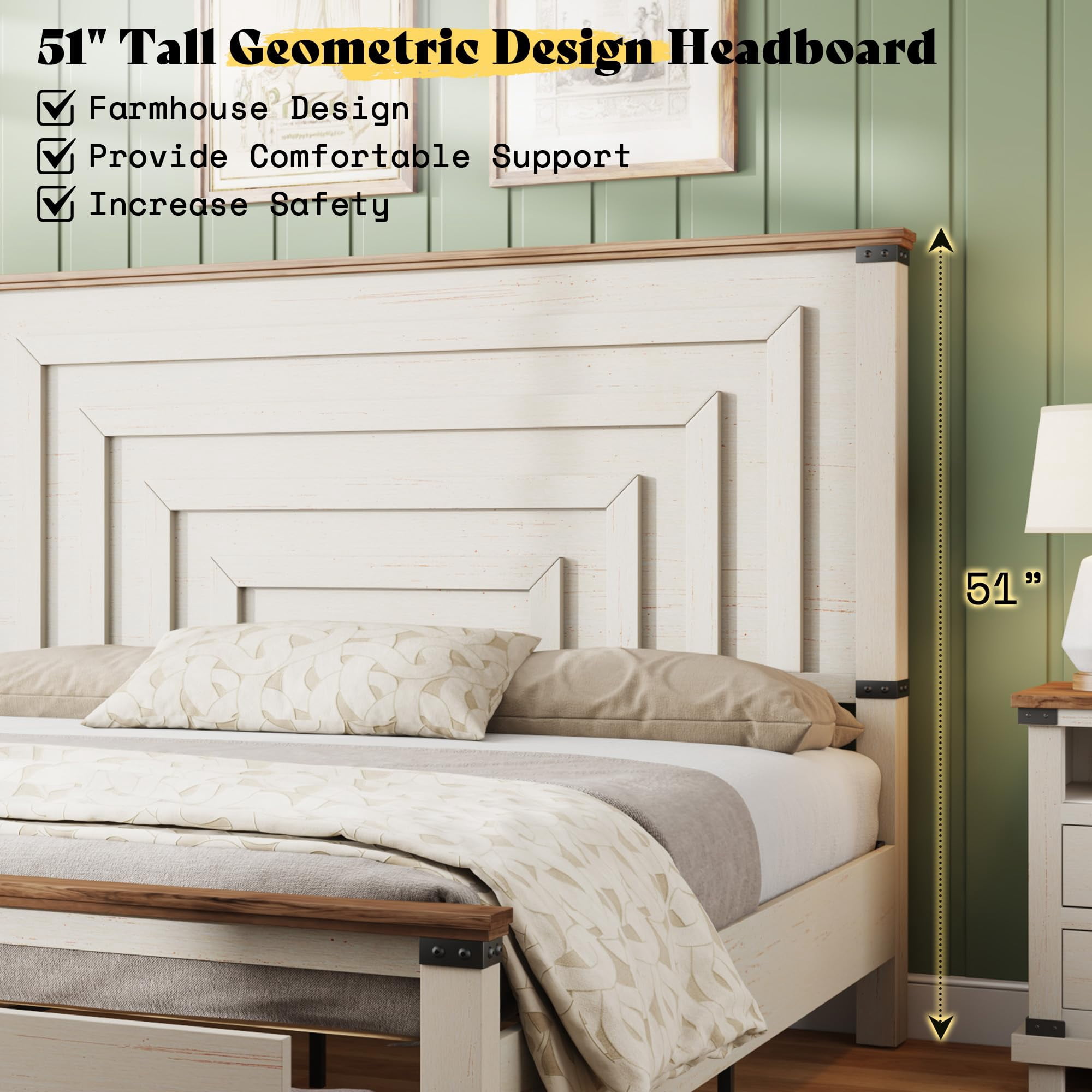 PLAUIN Farmhouse King Size Bed Frame, Rustic Wood Platform with Footboard & Wood Slats, White