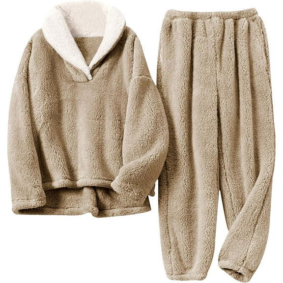 Women's Fluzzy Sherpa Fleece Pajamas Warm Pullover Lapel Sleepwear Sets