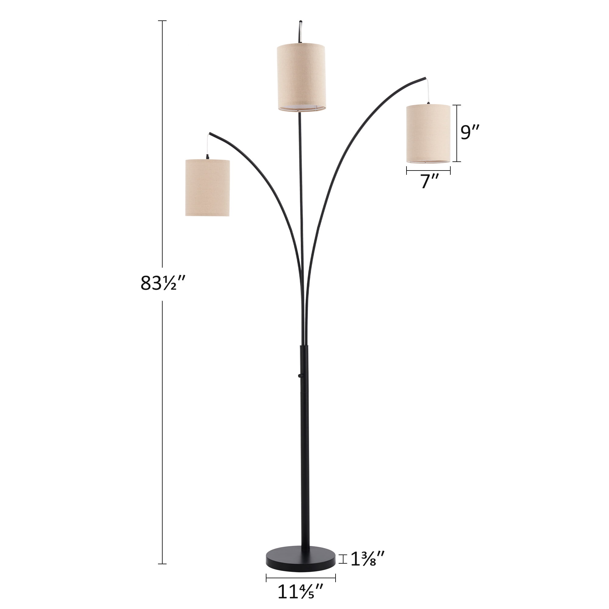 7ft Modern Arched Tree Lamp w Hanging Drum Shades Long Cord Weighted Metal Base